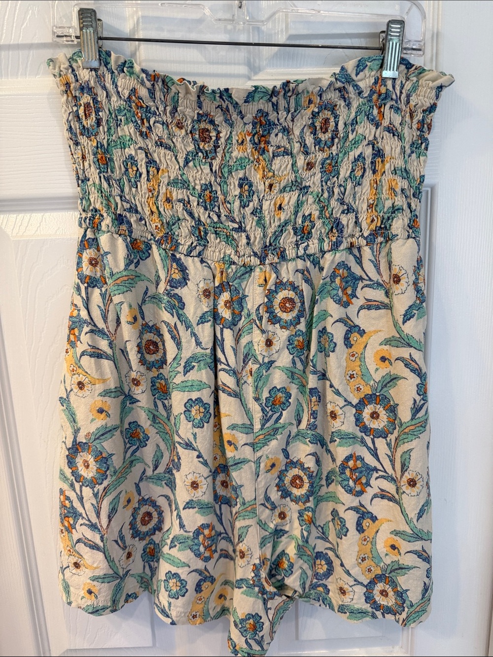 Pilcro Cream Floral Smocked Strapless Romper with Blue & Yellow Accents